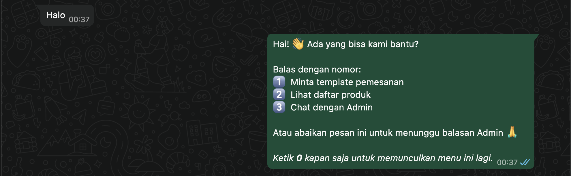 Customer menyapa, bot kirim menu pilihan otomatis