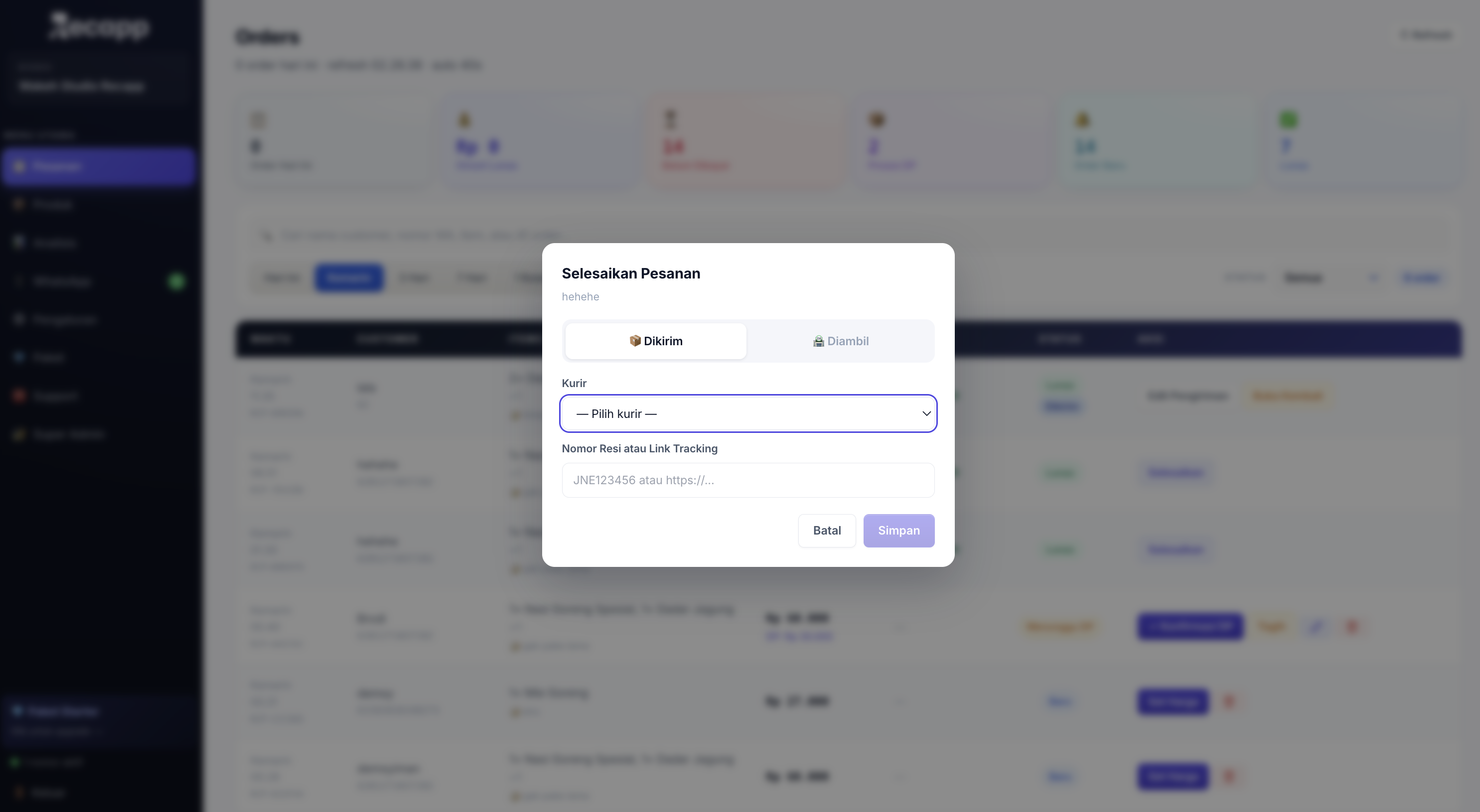 Modal Selesaikan Pesanan